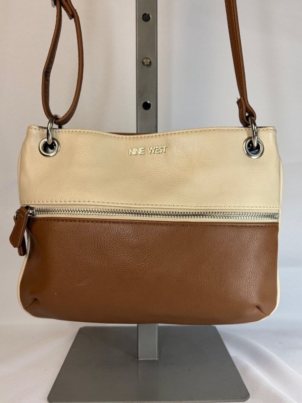 Nine West Crossbody Shoulder Bag Colorblock Cream Brown Classic Preppy Office